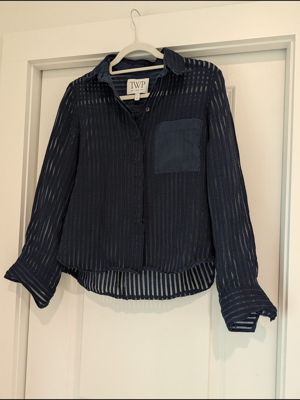 TWP Women's Sheer Striped Button-Up Shirt in Navy